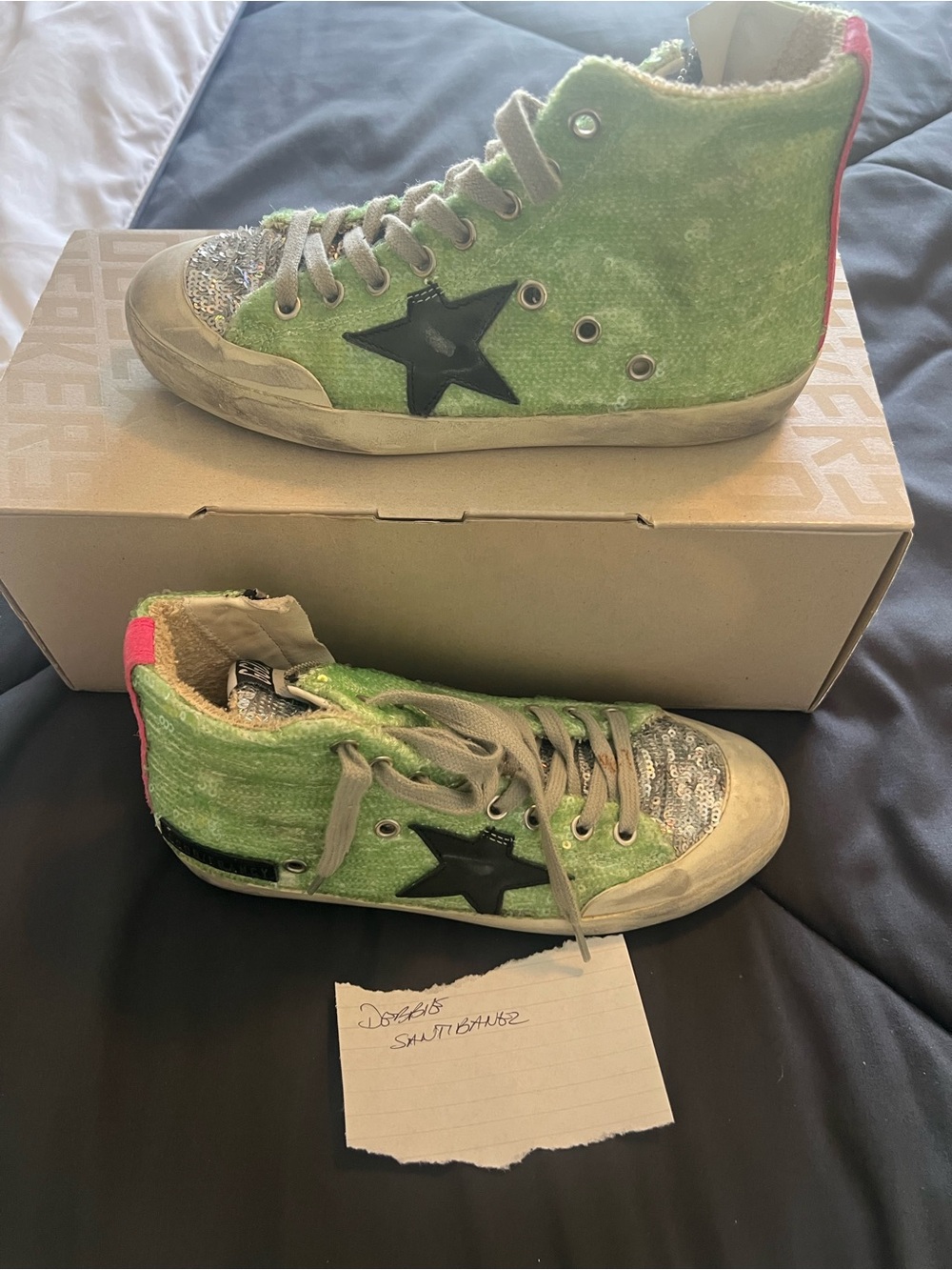 Golden Goose Green High-Top Sneakers with Black Star and Silver Sequin Toe